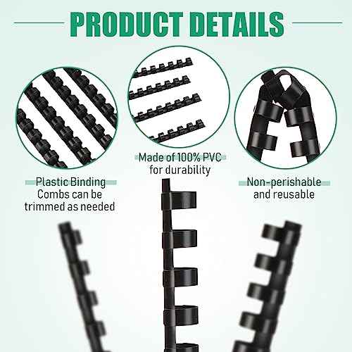 Maitys 300 Pcs Plastic Binding Combs Bulk 19 Ring Comb Spines Letter Size Spiral Binding for Notebook Calendar Picture(1/2 Inch,Black)