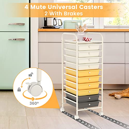 MEDIMALL 10 Drawers Rolling Storage Cart, Multipurpose Craft Storage Cart with Wheels, Mobile Tools Scrapbook Paper Organizer Cart for Office School Home Use (Yellow)