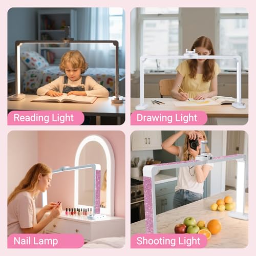 BZJ 34in Large Nail Light for Desk Foldable Moon Lamp LED 3 Color Stepless Dimming Pink Table Lamp with Base Phone Stand for Beauty Eyelash Makeup Tattoo Crafts Reading Spa Salon Tech