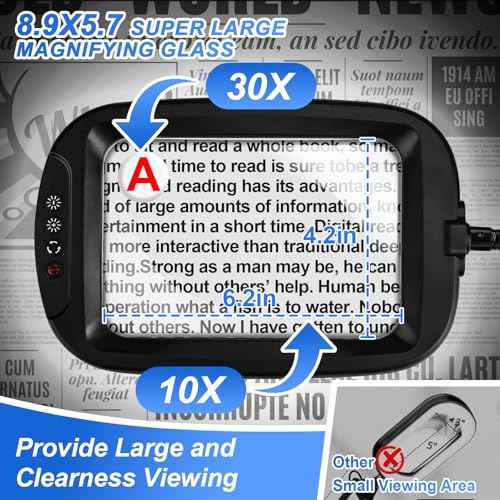 10X 30X 7 Inch Extra Large Magnifying Glass with Light and Stand, 5 Color Modes Magnifying Lamp Adjustable Lighting Level, Flexible Gooseneck Hands Free Reading Magnifier for Books Crafts Close Work