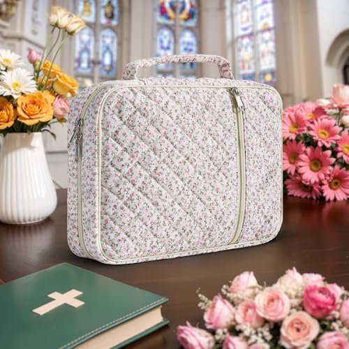 Pink Floral Bible Cover Case for Women - Quilted Large Tote Organizer for Girls & Teens