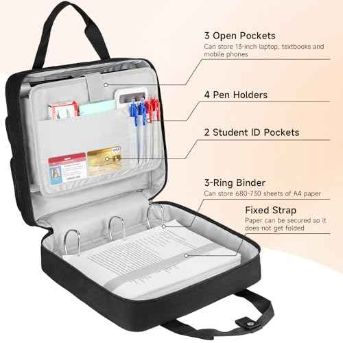 Zipper Binder 3 Ring, 700 Sheets Capacity, Binder 3 Inch with Shoulder Strap Fits 13 Inch Laptop for School and Office,Black