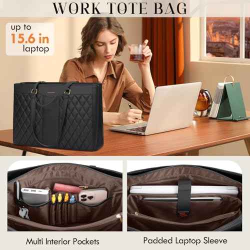 RAINSMORE Laptop Bag for Women 15.6 Inch Work Tote Bags Leather Laptop Tote Professional Laptop Purse Computer Handbag Womens Briefcase Tote with Clutch for Teacher Office Travel, Black