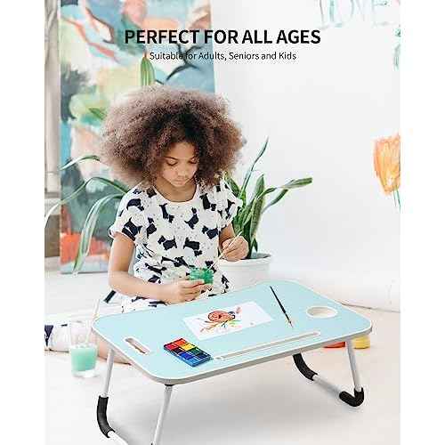 Foldable Laptop Table, Portable Lap Desk Bed Table Tray, Laptop Stand with Cup Holder & Tablet Slot & Lifting Handle for Working Writing Drawing & Eating (Blue)