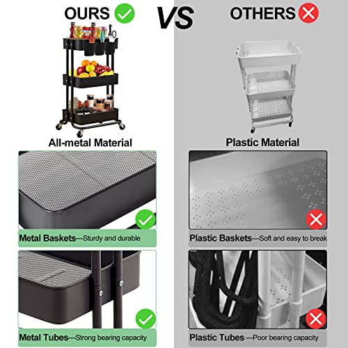 3-Tier Metal Utility Rolling Cart Storage Side End Table with Cover Board and Handle for Office Home Kitchen Organization, Black