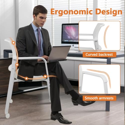 CLATINA 2-Pack White Stacking Office Chairs with Wheels – Mesh Back, Thick Leather Seat & Arms, Ergonomic Lumbar Support