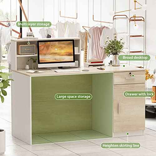 FAMAPY Reception Desk Retail Counter with Lockable Drawer & Shelves, Front Desk Reception Table for Salon Lobby Shop White and Oak 55.1'W x 23.6'D x 43.3'H