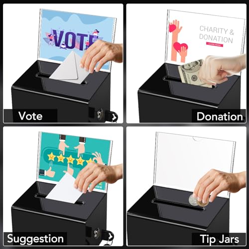 VOISEN Black Acrylic Donation Box with Lock & Sign Holder - 1 Pack