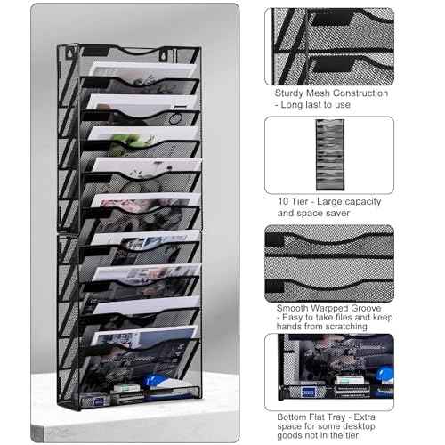 10-Tier Wall File Organizer, Mesh Mail Organizer Wall Mounted Paper Document Holder, Vertical Magazine Rack, Metal Hanging Clipboard Storage Basket for Office Home School Organization, Black