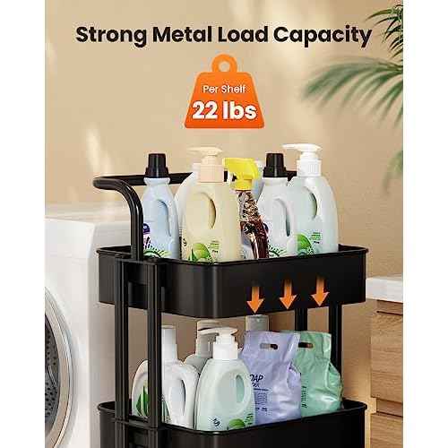 Pipishell 3 Tier Mesh Utility Cart, Rolling Metal Organization Cart with Handle and Lockable Wheels, Multifunctional Storage Shelves for Kitchen Living Room Office Black