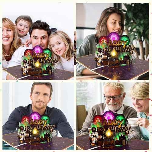 Musical Birthday Cards, Music & Firework Lights Birthday Card for Men, 3D Pop-up Blowable Candle Happy Birthday Card/Gift for Men, Women, Kids, Boys, Girls, Husband, Grandson