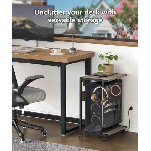 2 Tier Computer Tower Stand with Charging Station, 11.8"D x 16.5"W Rolling Floor PC Tower Stand Fits Under Desk, CPU Holder Cart for Carpet with Hooks, C Shaped End Table for Home Office