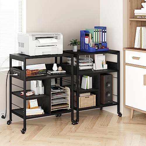 GarveeHome Printer Stand, Large Printer Stand with Wheels, 4 Tier Office Rolling Cart with Charging Station, Mobile Printers Table Paper File Organizer, Tall Printers Table for Home Office,Retro Black