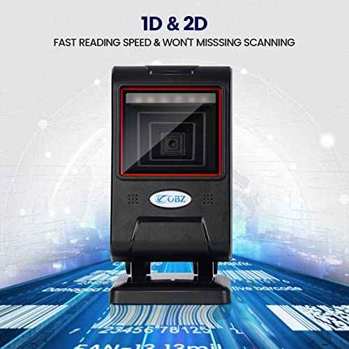 OBZ 1D 2D Desktop Barcode Scanner, QR Code Scanner for PC USB Handsfree Barcode Scanner with Adjustable Scan Head, Automatic Barcode Reader for Android Windows Computer POS Stores Payment