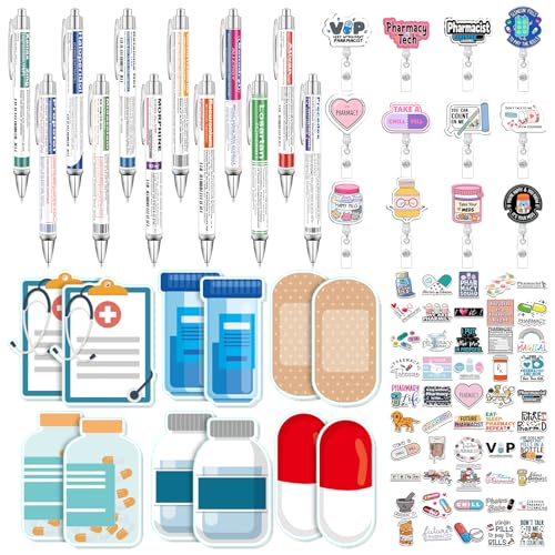 86 Pcs Pharmacy Week Gifts Include 12 Pharmacy Pens 12 Pharmacist Sticky Notes 12 Badge Reels 50 Cute Stickers for Pharmacist Gifts Set Nursing Week Doctor Medical Assistant Technician Clinic Supplies