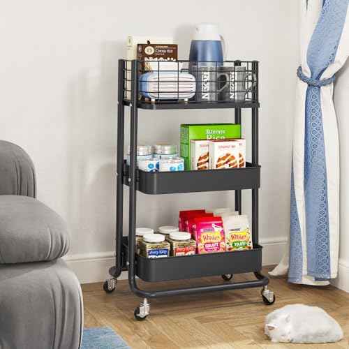 KINGRACK 3 Tier Rolling Cart, Metal Mobile Storage Shelf with Lockable Wheels, Utility Trolley Cart with Wheels, Storage Organizer for Kitchen, Office, Bathroom, Dorm, Black