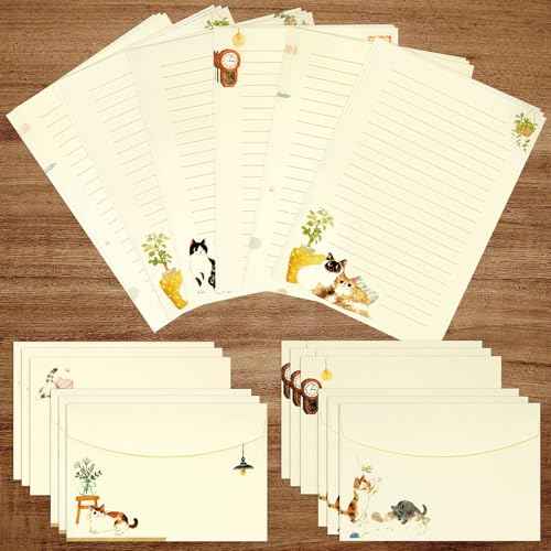 36 PCS Writing Paper and Envelopes Set, Warm Cute Cat Themed Stationary Set Design for Invitations Gift Decorations Holiday Party, 24 Lined Stationery Paper with 12 Envelops