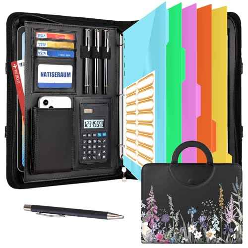 Portfolio Organizer - 3 Ring Binder with Handle, Vegan Leather Business Padfolio Folder with Notepad, Includes 5 Dividers with 10 Pockets for Documents Files