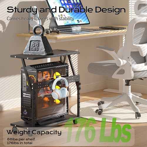 24In Large PC Stand, 5 Levels Height Adjustable Computer Tower Stand with Charging Station, Wheels and Hooks, CPU Holder Cart for Floor, Carpet and Under Desk, Easy Assembly£¨with Power Strips£©