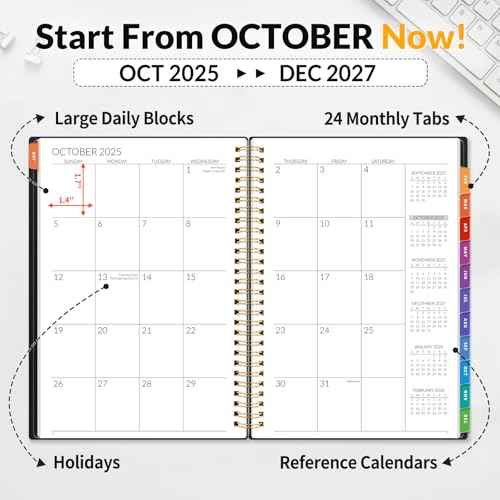 SUNEE 2026?2027 Monthly Planner ? Large 7" x 10" Organizer with Tabs, 100 GSM Paper, 24-Month Calendar, Spiral Bound, Flexible Cover for Office, School, Women, Men, Black