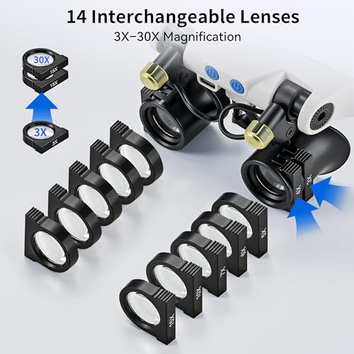 JARLINK Magnifying Glass with LED Light, 14 Interchangeable Lenses, Hands-Free, Black