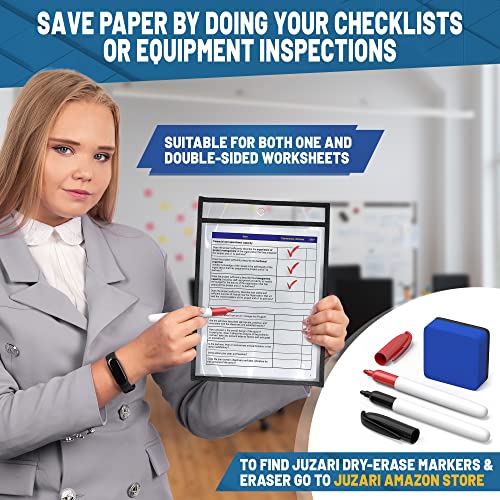 10 Pack JUZARI 8.5 x 11 Dry Erase Pocket Sleeves - Clear 20-Sheet Shop Ticket Holders