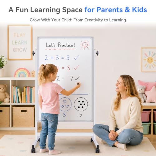 Maxtek White Magnetic Whiteboard on Wheels 44x28in Silver Adjustable Height