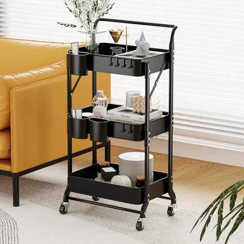 3 Tier Foldable Rolling Cart with Wheels, Folding Utility Cart Organizer, Collapsible Rolling Storage Cart with 3 Hanging Cups & 6 Hooks for Kitchen, Office, Nursery(Black)