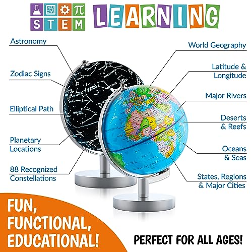 USA Toyz Illuminated Globe for Kids Learning- 3-in-1 STEM Globes of the World with Stand, Constellation Map, Built-in LED Night Light Desk Globe Lamp, Non-Tip Metal Base, 9.75¡± Tall, 7 Inch Diameter