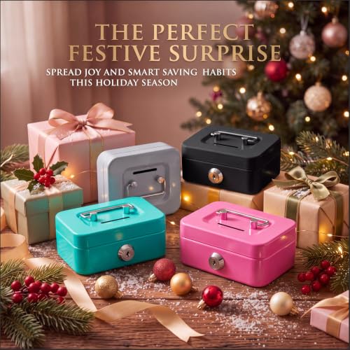 Tandefio 4 Pcs Small Cash Box with Lock – Mini Metal Money Box 11.5 x 8.5 cm (Black, Green, Gray, Pink)