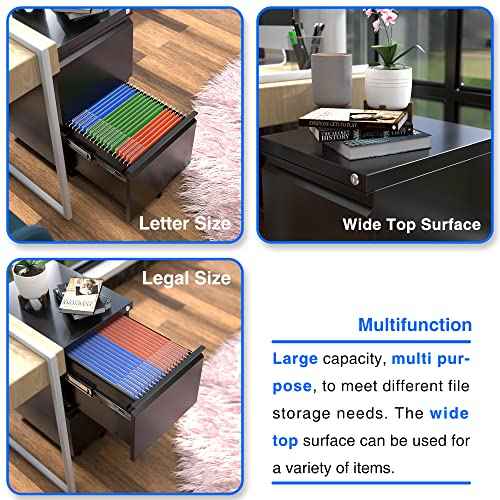 METAN 2 Drawer File Cabinet with Lock, Mobile Under Desk Filing Cabinet for Office Legal/Letter Size, Fully Assembled Except Wheels,Black
