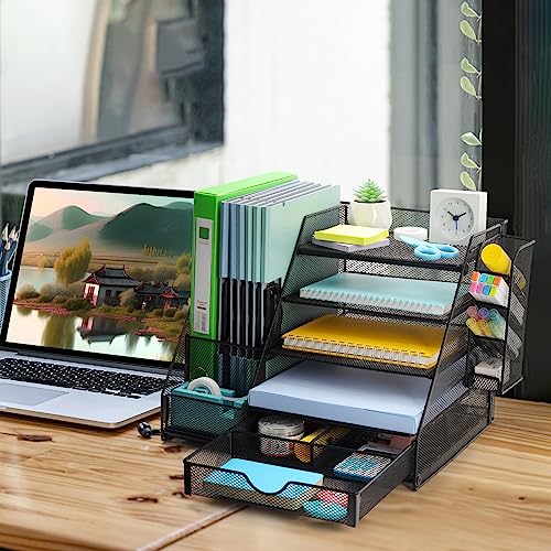 GALASALA Mesh Desk Organizer, 5 Tier Paper Letter Tray with Extra Vertical File Sorter, Sliding Drawer and Pen Holders for Desk Accessories Office Supplies, Black