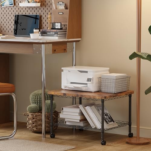Printer Stand, Under Desk Table, Adjustable Heights 2 Tier Table with Wheels, Industrial Under Desk Heavy-Duty Mobile Cart, Shelf for Small Spaces, Home Office, Rustic Brown