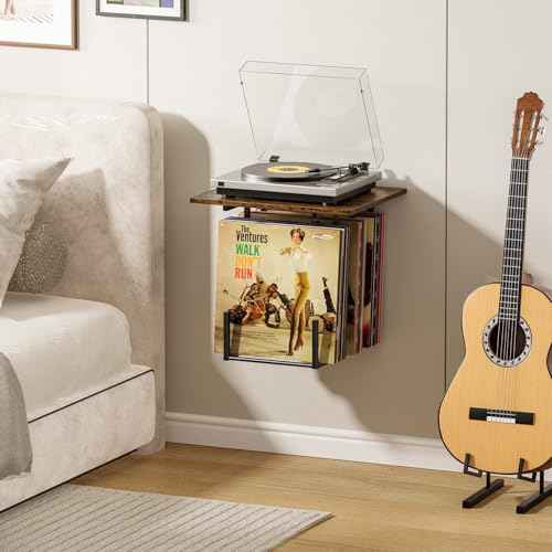 Vinyl Wall Mount, Record Player Stand Wall Mounted, Vinyl Record Storage for Turntable Stand, Records Player Stand with Storage, Compact Turntable Only Under 15.75" x 12.6"