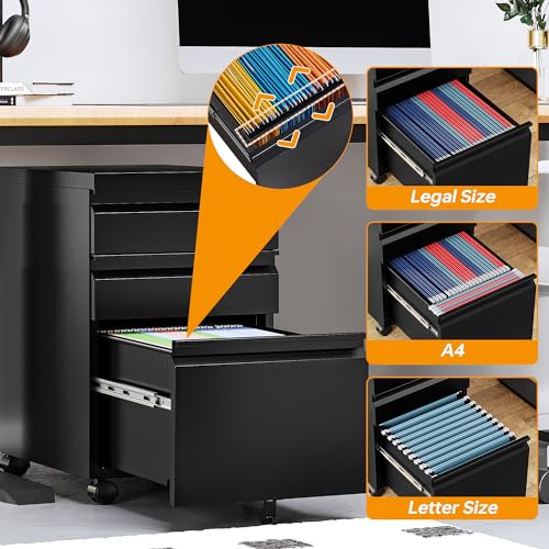 STANI 25" H 3-Drawer Mobile File Cabinet with Lock, Black, Under-Desk Locking Office Cabinet