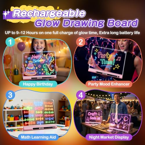 Pink 16-Inch Rechargeable LED Drawing Board for Kids with 9 Colors & Markers