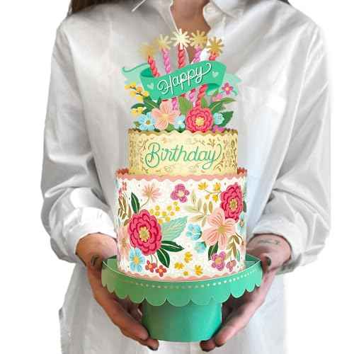 Freshcut Paper Pop Up Birthday Card for Women, Blooming Birthday Cake, 12 Inch Life Sized Tiered Cake, 3D Popup Greeting Cards with Blank Notecard & Envelope