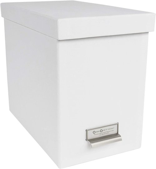 Bigso John Fiberboard Label Frame Desktop File Storage Box - Document Organizer for Important Paperwork - Durable Hanging File Box with a Lid & Metal Label Window - 7.4 in x 13 in x 10.4 in - White