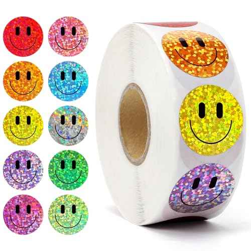 1000PCS Smiling Glitter Stickers, 1inch, 10 Colored Sparkly Foil Happy Stickers, Rewarding Student Behaviour, School Classroom Teacher