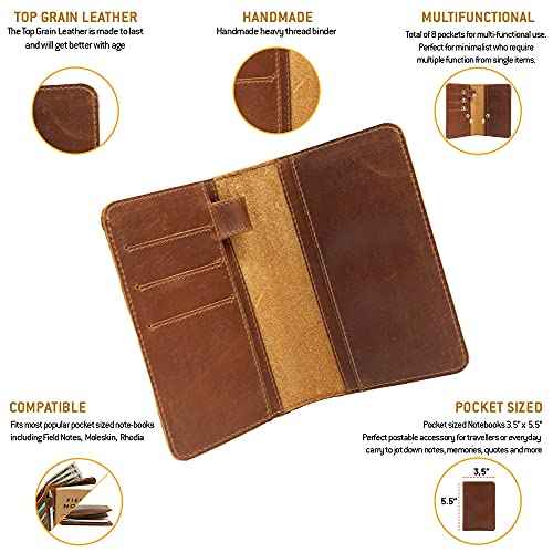 Leather field notes wallet cover for memo ? pocket sized notebook, fits 3.5¡± x 5.5¡± notebooks, separate pocket for cash, real top grain leather, multiple pockets for extra functionality and pen loop