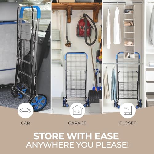 SereneLife Small Compact Folding Shopping Cart with Removable Waterproof Liner ? 360¡Æ Swivel Wheels, Rust?Proof Steel Frame, 70?lb Capacity ? Portable Grocery, Laundry & Travel Cart (Blue)