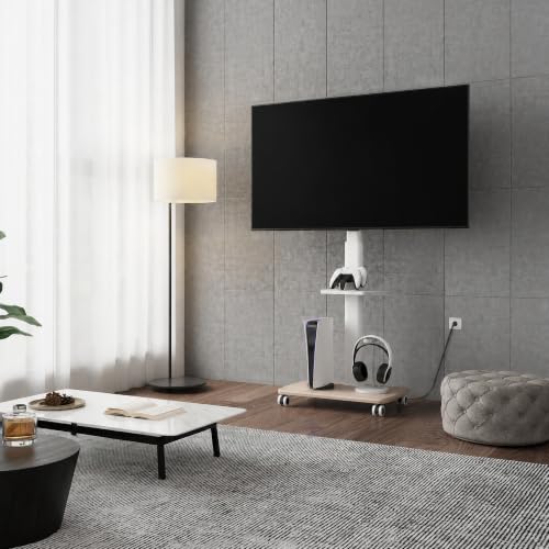 FITUEYES Rolling TV Stand with Power Outlets for 32-75 inch TVs, White (With Outlet) - Mobile TV Cart