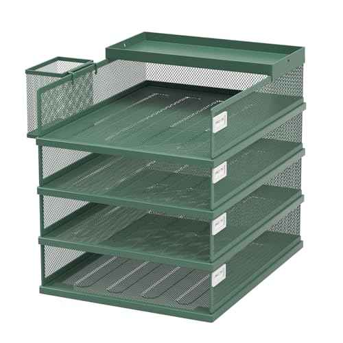 Stackable Letter Trays, 4 Tier Metal Paper Tray & Desk Organizer, Stackable File Trays for Office & Home, Multi-Functional Document Tray with Fine Grid Design & Magnetic Labels,Green