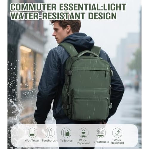 Vacuum Travel Backpack with Pump for Women, Personal Item Carry on Vacpack Backpacks Flight Approved 18x14x8 inches for Men,Laptop Waterproof Work Compression bags Casual Daypack,BrownGreen