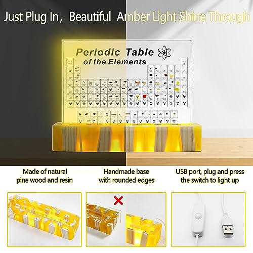 Periodic Table with Real Elements Inside, Amber Lighted Stand Acrylic Periodic Table of Elements Poster, Crafts D?cor Teaching Tool Chemistry Gift for Kids Adults Students Teacher Science Lovers