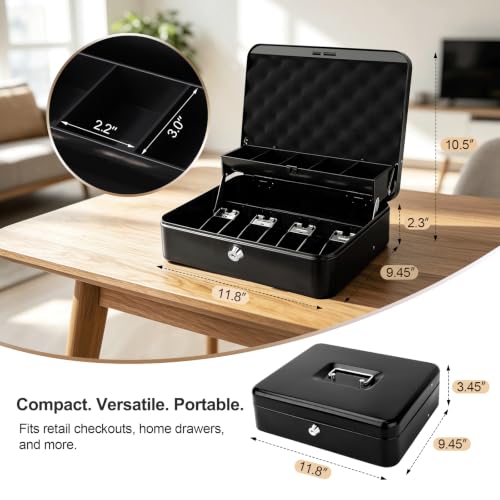Parrency K-Black Cash Box with Money Tray, Key Lock, 11.8 x 9.5 x 3.5 in