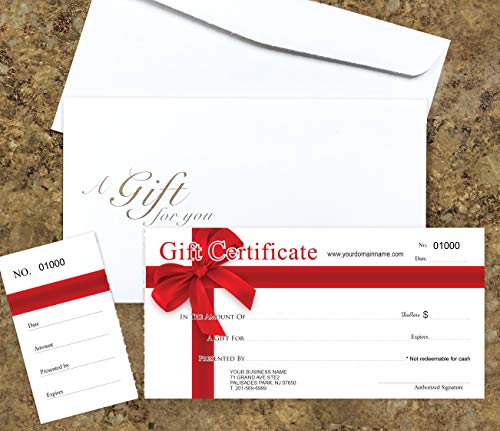 Custom Gift Certificates For Business - Red Ribbon, Include Your Store Name & Address with Free Envelopes