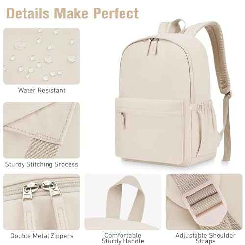 Backpack for Teen Girls Large Middle-School Primary Elementary Students Bookbag 18.5 inch Laptop Bag for Women Lightweight Casual Daypack (Beige)