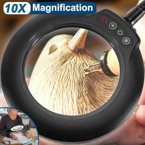 10X Magnifying Glass with Light, Flexible Gooseneck Lighted Magnifier with Stand, 5 Color Modes Dimmable LED Desk Lamp Hands Free for Crafts Painting Sewing Jewelry Reading Close Work