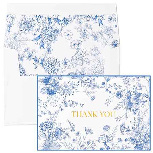 Crisky 100 Pack Blue Floral Thank you cards Gold Foil Greeting Notes Bulk with Envelopes & Stickers for Birthday, Baby Shower, Bridal Shower, Wedding, Graduation